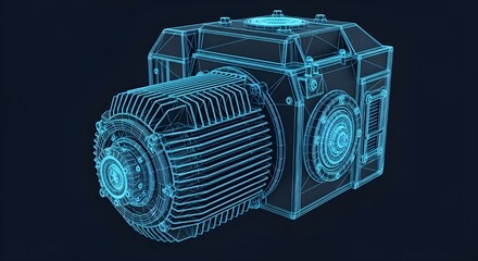 Train engine Electric Motor Wireframe Blueprint on Dark Blue Background electric motor