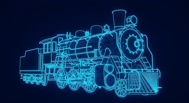 Train engine Cyan wireframe blueprint of a vintage steam locomotive on dark background train