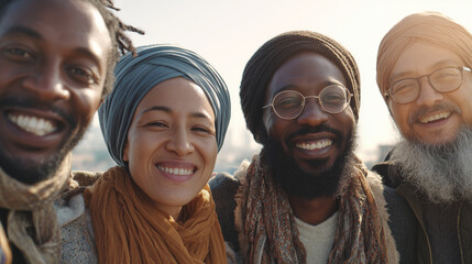 People of diverse ethnicities smiling in a photograph symbolizing peace, representing a global, multinational community