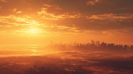 Obraz premium A breathtaking sunset photo visible on the horizon amidst the towering buildings of the city