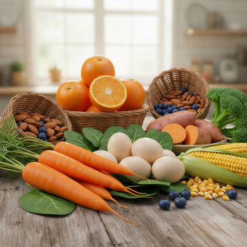 Composizione di alimenti  frutta e verdura, su tavolo di legno. Generative AI