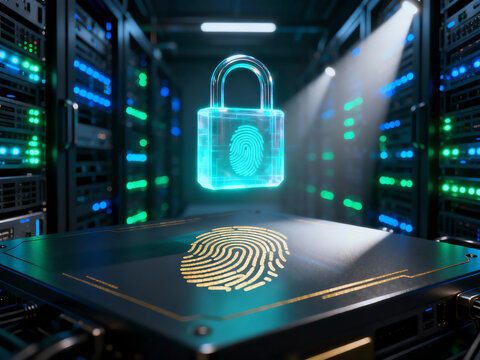Glowing digital padlock and biometric fingerprint securing a data center server room, illustrating cybersecurity and information protection.