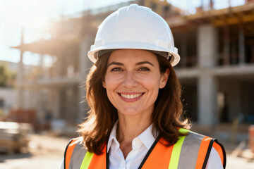 Confident smiling mid-adult woman engineer in white hard hat and safety vest at sunny outdoor construction site, portraying leadership and competence.