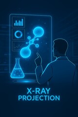 Doctor examining holographic X-ray projection in futuristic clinical laboratory