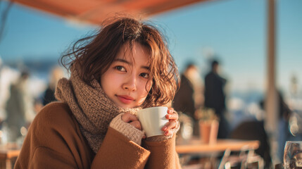カフェのテラス席で美しい女性モデルがコーヒーを飲んでいる写真