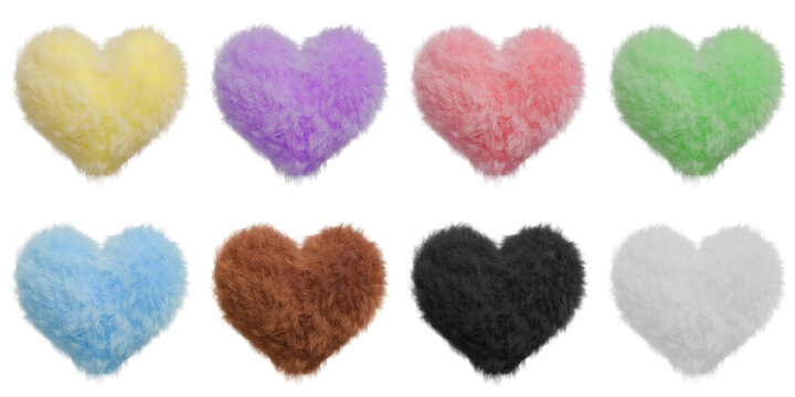 カラフルな8色の推しカラーのハート型のファーの3DCG。推し活用のモフモフのクッションのイラスト素材