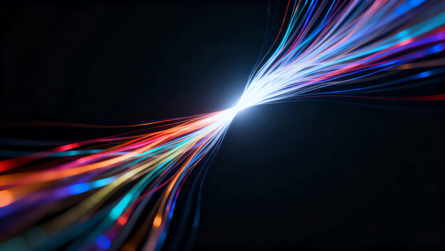 Vibrant colorful glowing light lines converging and diverging on a dark background, representing digital data flow, communication, and high-speed network technology.