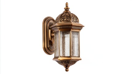 Fototapeta premium An ornate, wall-mounted outdoor lamp with detailed filigree, textured glass, and a bronze-like finish. The design suggests vintage or classic aesthetics
