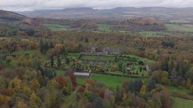 Aerial view of Drummond Castle Gardens located in Scotland