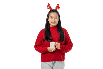Woman with Christmas antlers holds a warm mug, isolated, PNG