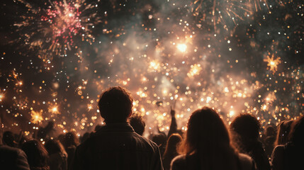 A silhouette photo of a couple watching fireworks on a winter night