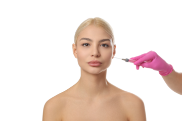 Expert uses syringe for facial skin treatment, isolated on white, PNG