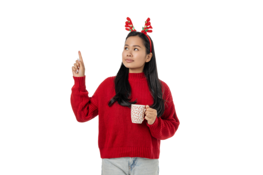 Woman in festive attire sips a hot drink, isolated, PNG - Powered by Adobe