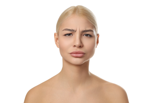 Woman showing skin care with expressions, isolated on white, PNG