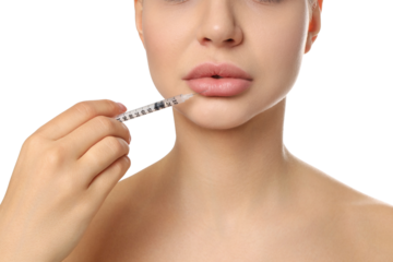 Woman with syringe for cosmetic work, isolated on white, PNG