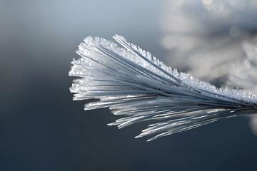 winter nature macro, morning light glints on frost-covered pine needles in a close-up macro shot, showcasing intricate winter details in nature