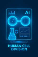 Human cell division process visualized through neon holographic interface.
