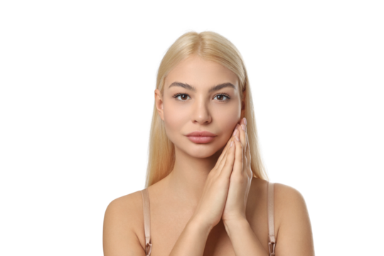 Woman gently touching her face for skincare, isolated on white, PNG