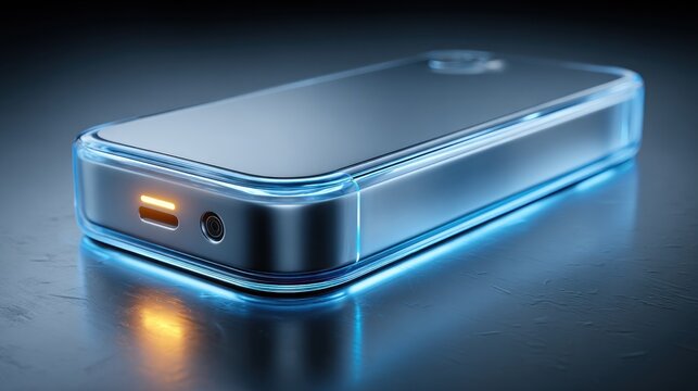 Sleek, futuristic portable battery pack with glowing accents.  Detailed description excluded