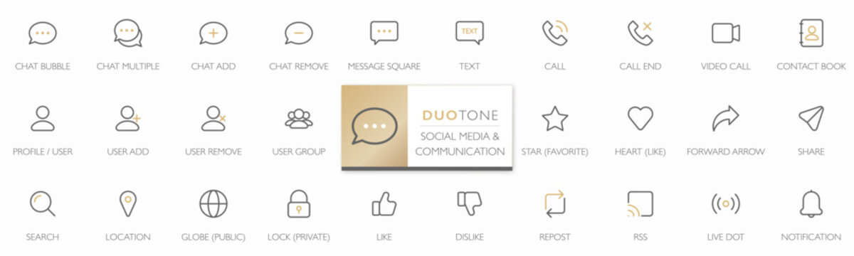 A collection of duotone minimalist line icons for communication and social media interaction, including chat bubble, call, user profile and notification. Ideal for apps, website and digital interfaces