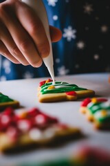 Decorating festive Christmas tree cookies with colorful icing.