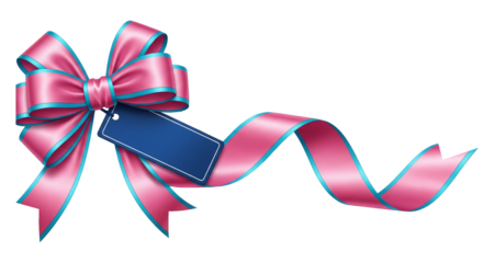 Pink Satin Gift Ribbon Bow with Cyan Border and Blank Blue Tag Isolated on White ,Transparent ,Png Background for Present Decoration