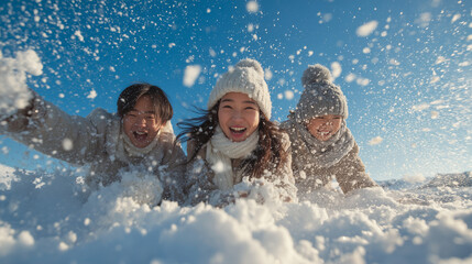 冬に女の子たちが激しく雪で遊んでいる写真
