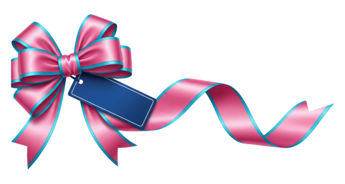 Pink Satin Gift Ribbon Bow with Cyan Border and Blank Blue Tag Isolated on White ,Transparent ,Png Background for Present Decoration - Powered by Adobe