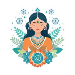 Serene Woman In Orange Dress With Turquoise Jewelry In A Blue Green Floral Mandala And Leaf Motif