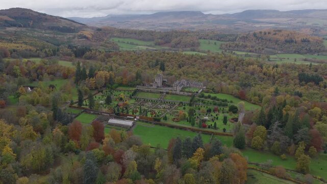 Aerial view of Drummond Castle Gardens located in Scotland