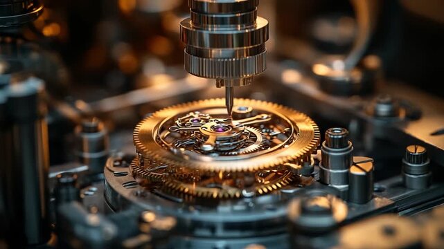 Intricate watch mechanism being assembled with precision