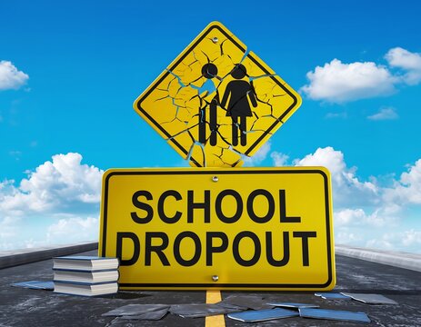 Symbolic representation of the educational crisis, with a broken school zone sign and a dropout warning on a cracked road