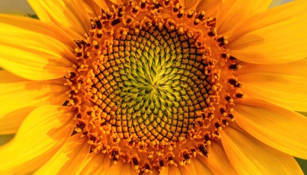 Close up macro shot of a vibrant yellow sunflower blooming in soft golden sunlight showcasing intricate spiral patterns of seeds and petals in full detail