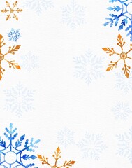 Watercolor winter background of blue and gold snowflakes, for poster, and greeting card.