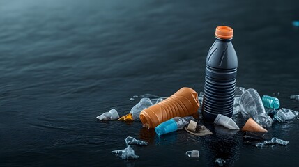 Various discarded plastic bottles and debris float on dark calm water illustrating environmental pollution