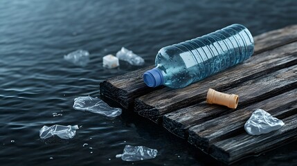 A single plastic water bottle rests on dark wet wooden planks floating in rippling water with surrounding plastic waste