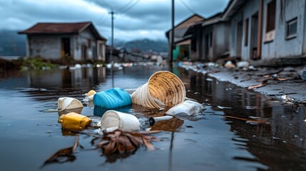 Plastic waste and debris floating in floodwaters on a street with dilapidated buildings under a cloudy sky