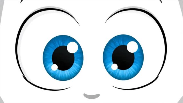 Cartoon face, showing bright blue eyes with white highlights, curved eyebrows, and a simple smile