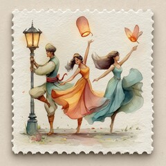 A whimsical watercolor stamp depicts dancers in flowing dresses and a man by a lamp post, releasing lanterns into the night in joyous celebration.