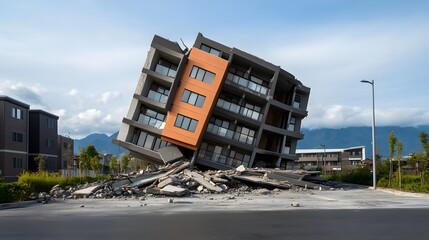 Modern multi story apartment building severely tilted and partially collapsed with surrounding rubble