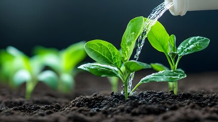 Close up of vibrant green young plants in dark soil receiving water from a white spout