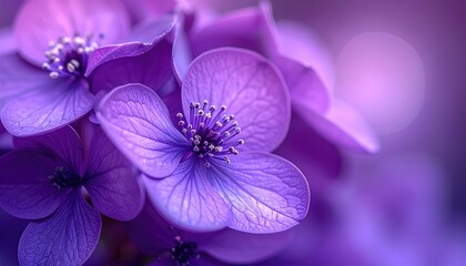Close up macro view of vibrant purple hydrangeas with water droplets and soft bokeh background in natural light
