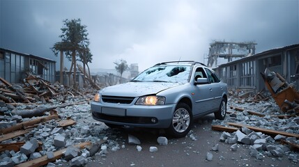 Shattered silver car sits on a debris covered street Extensive rubble and ruined buildings under a dark overcast sky