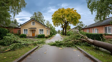 Wet suburban road obstructed by a large fallen tree trunk and scattered storm damaged branches