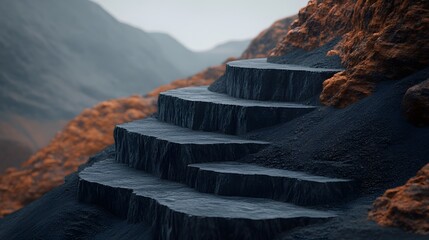 Dark grey stone steps with rough edges ascend a textured dark slope flanked by orange rock formations and hazy mountains