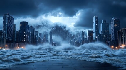 Massive ocean wave engulfs a modern city skyline with tall buildings under a dark stormy sky