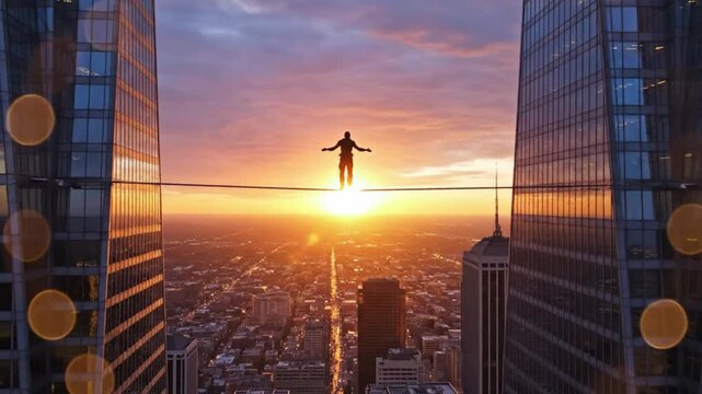 Daring tightrope walk at sunset urban skyline dynamic stunt vibrant atmosphere aerial perspective adventure spirit