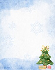 Winter template background for Christmas greeting card, and invitation.  Watercolor illustration with Christmas tree.