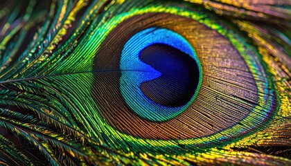 Close up of a vibrant peacock feather showing intricate eye pattern with iridescent blues greens and gold hues detailed macro texture