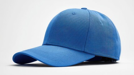 Fototapeta premium A vibrant blue baseball cap, structured with a slightly curved brim, sits angled on a stark white background. 